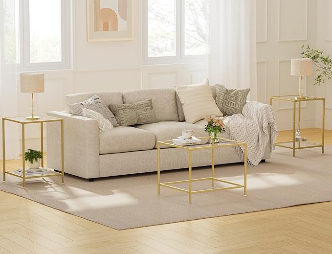 Glass Coffee Table, Modern Rectangular Coffee Table for Living Room, Minimalist Center Tea Table with Sturdy Metal Frame for Apartment, Office, Easy Assembly, 23.6 x 19.7 x 17.7 Inches, Golden