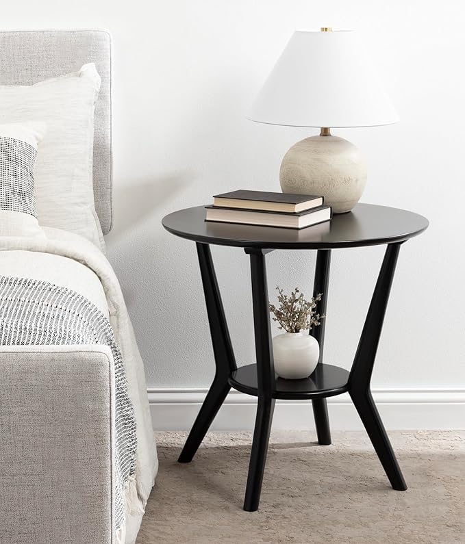 Kate and Laurel Nylah Round Wooden Side Table; 24 x 24 x 24; Black; Modern Tiered Circle Living Room Table with Solid Wood Construction for Use as Bedroom Nightstand