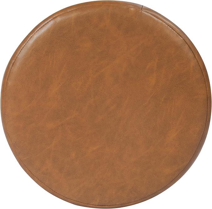 HomePop Upholstered Faux Leather Round Ottoman (No Lid, Seat Only) Home Décor | Round Pouf Foot Rest – Camel Brown Faux Leather