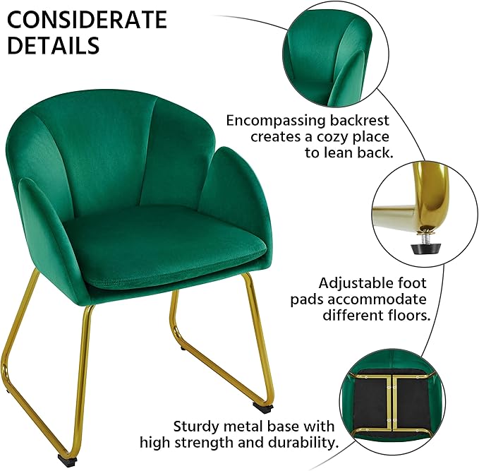 Yaheetech Flower Velvet Vanity Chair, Modern Side Chair Armchair with Golden Metal Legs for Living Room/Dressing Room/Bedroom/Home Office/Kitchen, Green
