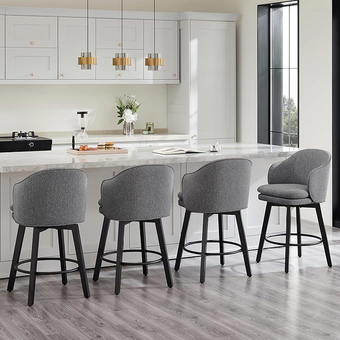Counter Height Barstools 26 inch Upholstered Swivel Bar Stools with Back and Wood Legs for Kitchen Island,Set of 2,Dark Grey Fabric