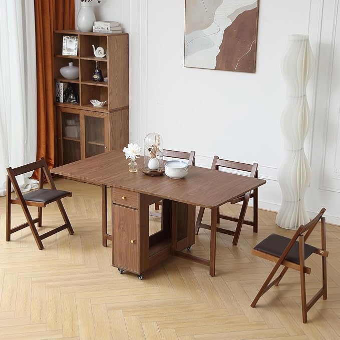 Walnut Drop Leaf Folding Dining Table with 2 Drawers and 4 Wheels, Wooden Padded Chairs Set of 2, Space Saving Dining Table with 4 Chairs