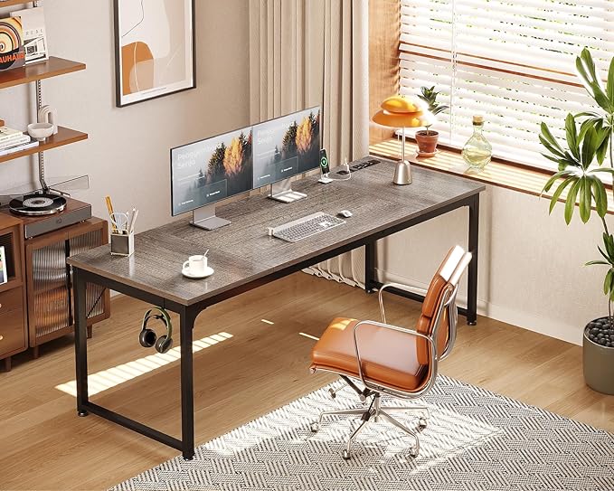 Coleshome 71 x 24 Inch Computer Desk with USB Ports, Large Office Desk, Long Study Student Writing Desk, Grey Oak