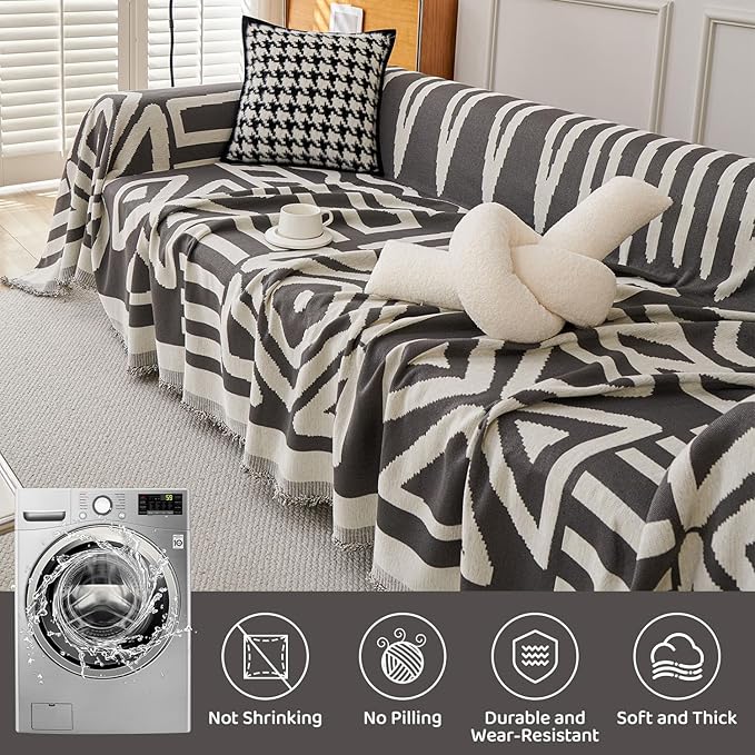 STACYPIK Simple Dark Grey Boho Sofa Cover for Sectional Soft Tassel Chenille Couch Cover for 3 Cushion Couch Reversible Loveseat Cover for Dogs Cats Non-Silp Furniture Cover Multi-Use Blanket-91x134IN