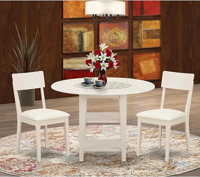 East West Furniture SUAD3-LWH-LC 3 Piece Dining Set Contains a Round Dining Room Table with Dropleaf & Shelves and 2 Faux Leather Upholstered Chairs, 42x42 Inch, Linen White