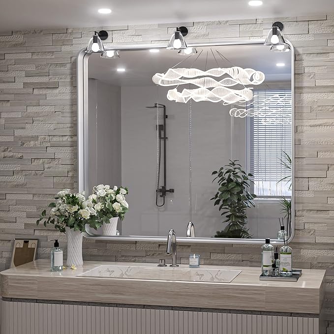 TokeShimi 36 x 36 Inch Wall Mirror Brushed Silver Bathroom Vanity Mirror with Metal Frame Aluminum Alloy Soft Rounded Corner for Modern Farmhouse Wall Decor 1”Deep (Horizontal/Vertical)