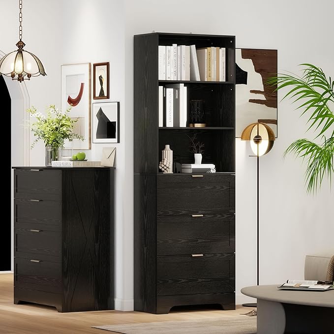 Modern Black Bookshelves and Bookcases with Drawers, 6 Tier Tall Bookshelf with Drawers, Industrial Wood Bookcase, Floor Standing Display Case with Storage,Living Room,Office