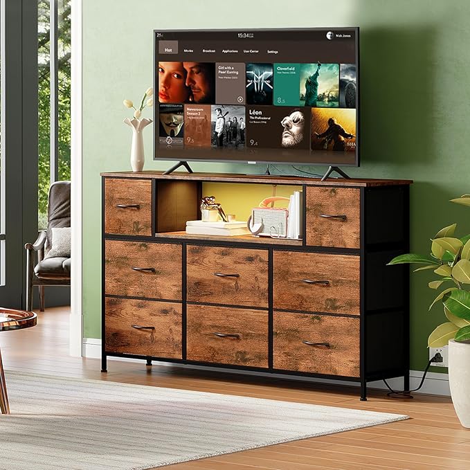Somdot Dresser TV Stand, TV Stand Dresser for Bedroom, Fabric Storage Tower with 8 Drawers, Fabric Chest for Living Room, Hallway, Entryway, Closets,Easy Pull Handle, Wood Grain Print