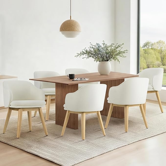 Wooden Dining Chairs Set of 2, Fabric Upholstered Modern Dining Room Chairs with Barrel Backrest & Double-Layer Thick Cushion for Living Room, Restaurant, Kitchen and Café, Beige
