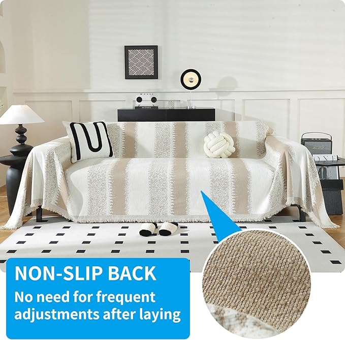 LUFEIJIASHI Boho Couch Covers for Sofa Non Slip Sofa Covers Washable Couch Covers for 3 Cushion Couch Sofa Pet Friendly Sectional Couch Cover Blanket Furniture Protector for Dogs (Khaki, 71"x118")