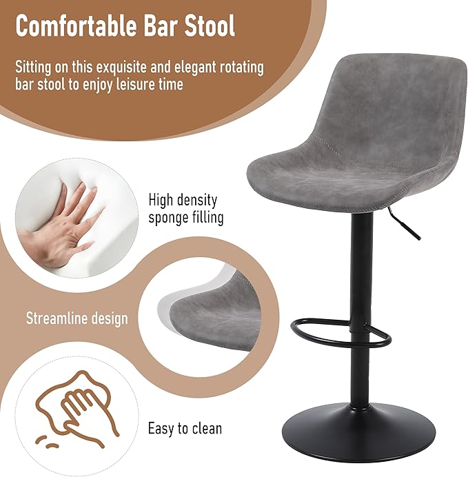 Bar Stools, Swivel Counter Height Barstools with Back, Adjustable Modern Bar Chairs, Tall Armless PU Leather Kitchen Island Stool (Grey, Set of 4)