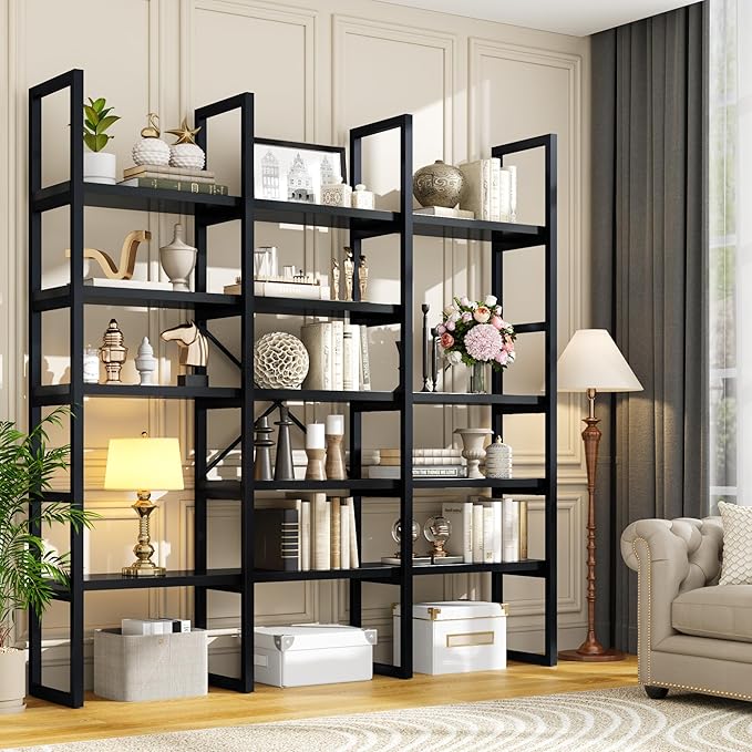 Semoic Large Bookshelf 5 Tiers, Triple Wide Geometric Bookcase, 71 Inches Tall Industrial Book Shelves Etagere Book Case, Sturdy Metal Frame, Freestanding Display Shelving Unit (Black)