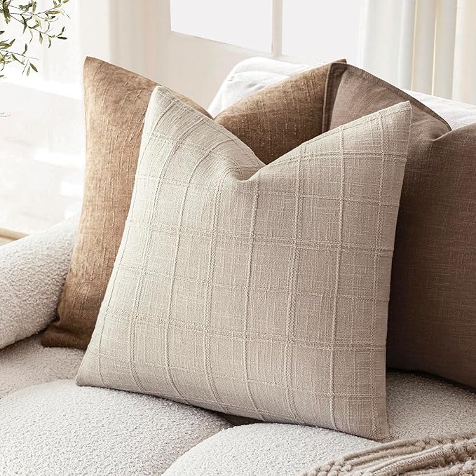 Foindtower Set of 2 Decorative Linen Check Throw Pillow Covers Neutral Farmhouse Vintage Cushion Covers Modern Boho Home Decor For Sofa Chair Couch Bedroom Living Room Outdoor,18×18 Inch,Natural Linen