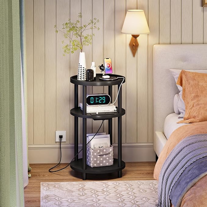 HOOBRO Small Round Side Table with Charging Station, 3-Tier Round Bamboo End Table, Compact Sofa Bedside Table for Small Space, Easy Assembly, for Living Room, Bedroom, Apartment, Black BB152UBZ01