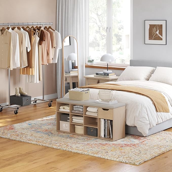 DINZI LVJ Shoe Storage Bench with Cushion, 11- Cubby Entryway Bench with Drawer and Adjustable Shelves, 40.9" Long Cubby Shoe Rack for Living Room, Bedroom, Mudroom, Natural and Cappuccino Beige