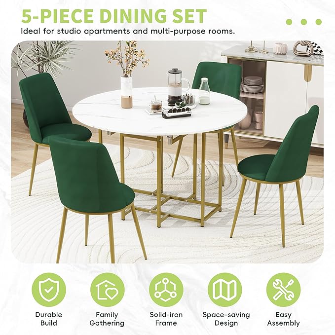 Merax 47.2” Round Dining Table Set for 4, Foldable Kitchen Dining Table with 11.8” Drop Leaves, Faux Marble Top with Golden Frame, 4 Upholstered Chairs (White+Green)