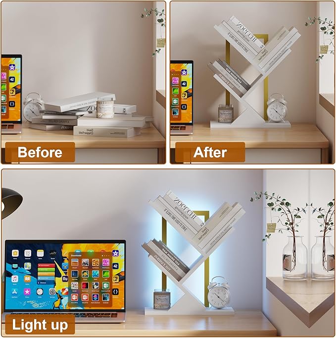 Tree Bookshelf with LED Lights, 3 Tier Floor Standing Bookcase, Classical Corner Shelf Kids Bookshelf, Tall Wood Book Storage for Bedroom, Living Room, Home Office, White