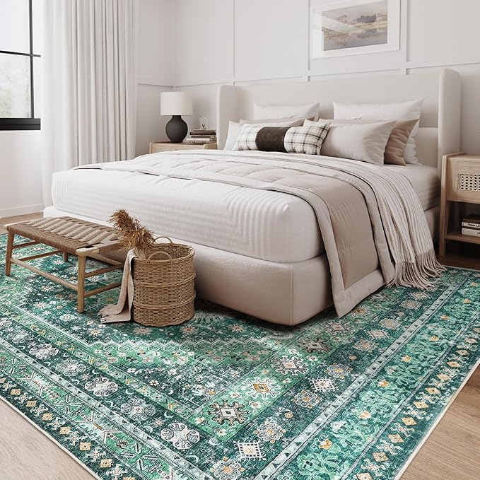 zesthome 5x7 Area Rugs - Ultra-Thin Washble Rug, Stain Resistant Anti Slip Backing Rugs for Living Room,Bedroom, Vintage Home Decor Area Rug(Green/Teal,5'x7')
