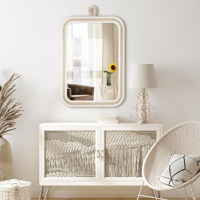 Nautical Rope Mirror Rectangular Hanging Mirrors for Wall 22''Lx16''W White Decorative Mirror Farmhouse Mirror with Rope for Bathroom,Livingroom,Entryway-Beachy Coastal Wall Decor