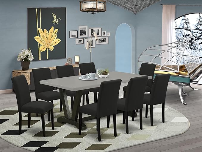 East West Furniture V697AB624-9 9 Piece Dining Room Table Set Includes a Rectangle Kitchen Table with V-Legs and 8 Black Color Linen Fabric Parson Dining Chairs, 40x72 Inch, Multi-Color