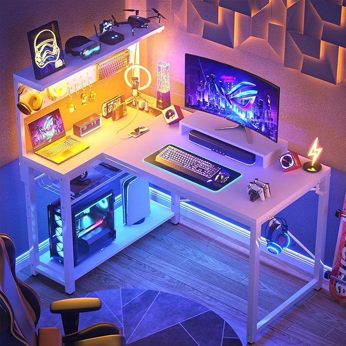 Homieasy Small Gaming Desk with Power Outlets Pegboard LED Light, 43 Inch L Shaped Computer Desk with Monitor Stand Storage Shelves, Reversible Corner Desk with Headset Hooks, White