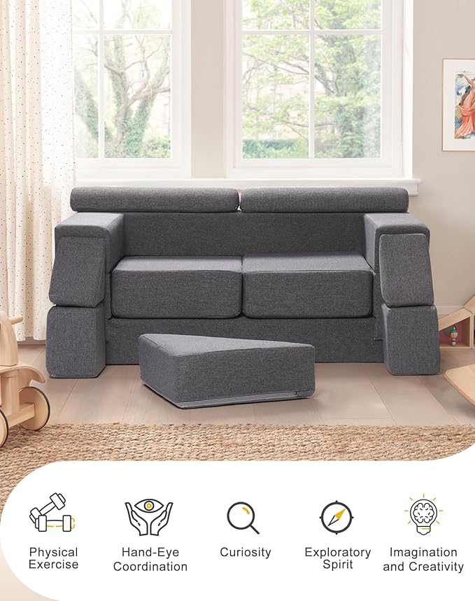 ROBUD Kids Couch, Gray Modular Kids Play Couch, DIY-Style & Washable Toddler Sofa for Playroom, Bedroom, Nursery, WG412
