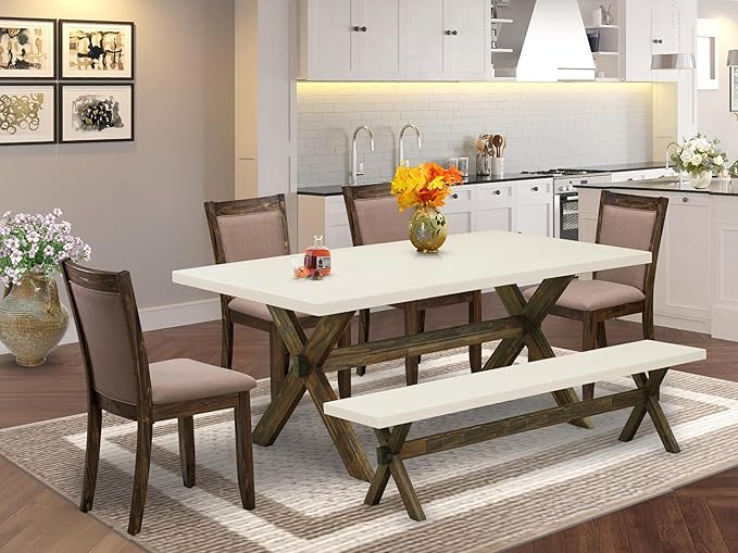 East West Furniture X727MZ748-6 6 Piece Dining Table Set Contains a Rectangle Kitchen Table with X-Legs and 4 Coffee Linen Fabric Upholstered Chairs with a Bench, 40x72 Inch, Multi-Color