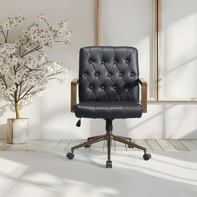 OSP Home Furnishings Waltham Adjustable Height and Tilt, Swivel Home Office Chair with Wood Arms, Black Faux Leather