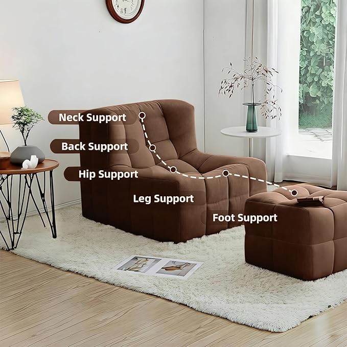 Bean Bag Chair - Memory Foam Bean Bag Chair for Adults, Comfy High-Resilience Single Sofa, Small Space Floor Chair, Chaise Lounge for Living Room, Bedroom (Dark Brown, Square+Ottoman)