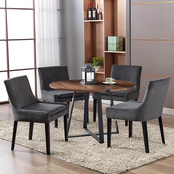 COLAMY Modern Dining Chairs Set of 6, Upholstered Corduroy Accent Side Leisure Chairs with Mid Back and Wood Legs for Living Room/Dining Room-Grey