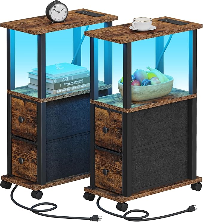 TUTOTAK Small Narrow End Tables, LED Side Tables with 2 Fabric Drawers, Set of 2, Bedside Tables with Charging Station for Small Spaces, Slim Nightstands with USB Ports and Wheels, TB01BB053CL