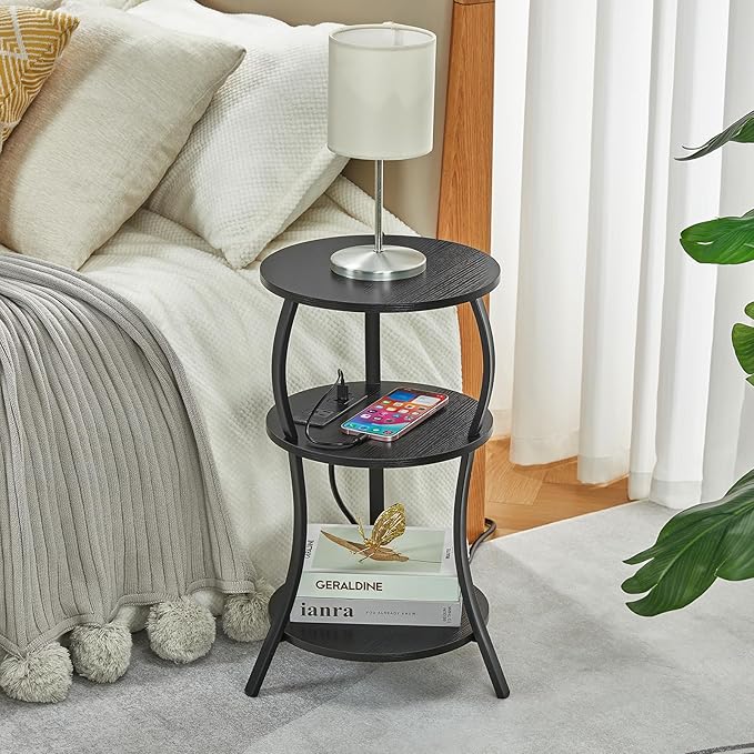 Small Round Side Table with Charging Station, 3-Tier Waist Circular End Table with Storage Shelf, Compact Tea Sofa Side Table Small Spaces, Round Corner Coffee Table for Living Room Bedroon,Black