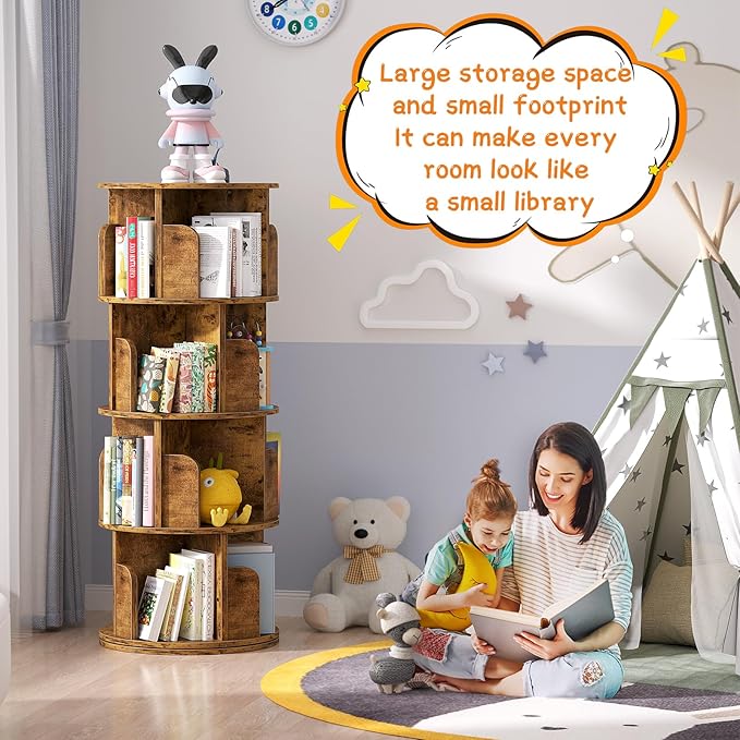 Rotating Bookshelf, Corner Bookshelf, 360 Display Wood Spinning Bookcase Storage Rack, Floor Standing Revolving Bookcase Narrow Book Shelf Organizer for Small Space, Bedroom, Rustic Brown