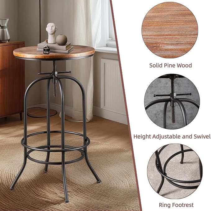 Industrial Bar Table Height Adjustable 37.4-45.3inch Vintage Swivel Pub Tables Solid Wood Top Metal Base with Footrest