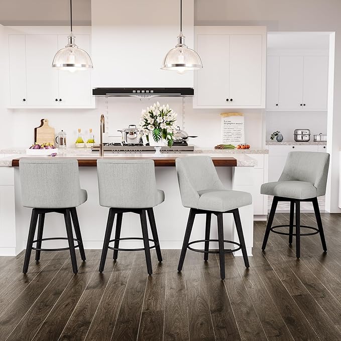 Counter Height Swivel Bar Stools Set of 4, 26 Inch Bar Stools with Footrest, Linen Fabric Upholstered Barstools with Back and Solid Wood Legs for Kitchen Island, Dining Room,Pub,White
