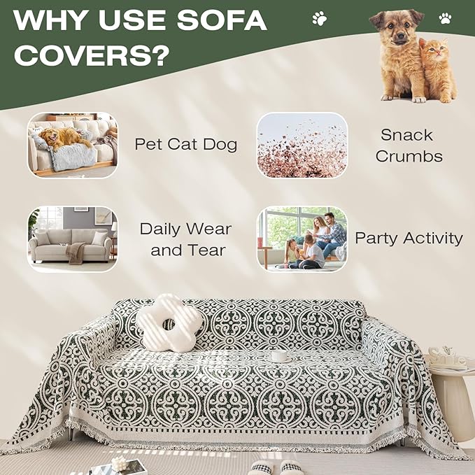 STACYPIK Green Jacquard Sofa Cover - Anti-Scratch Chenille Furniture Protector for 3 Cushion Couch - French Floral Dog Pet Cushion Protector - Futon Cover 71x150IN