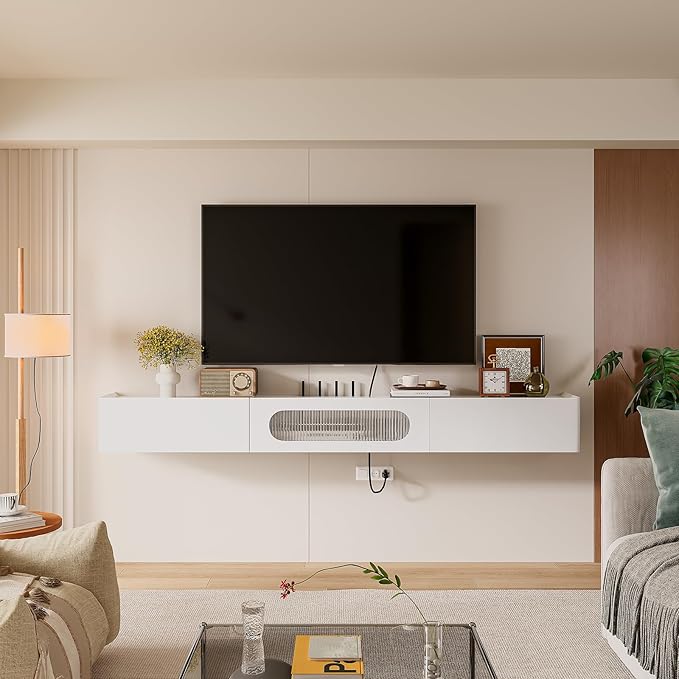 Floaticase Floating TV Stand, 94IN Fully Assembled Hign Gloss Wall Mounted Entertainment Center with Flip-Down Door & Drawers, Under TV Shelf with Large Storage for Living Room, Bedroom