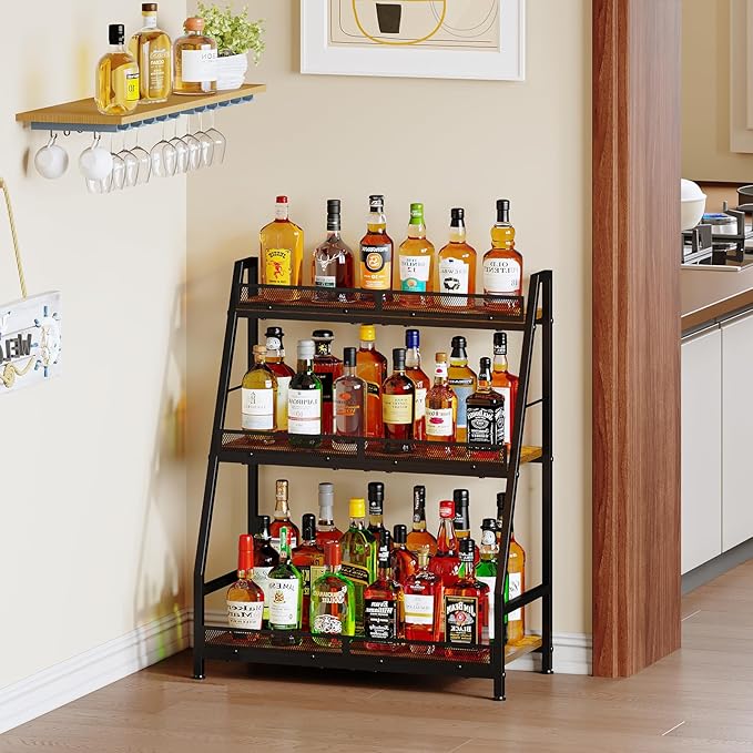 3-Tier Expanded Liquor Stand, Trapezoid Wine Rack Freestanding Floor, Large-Capacity Bar Stand for Liquor Whiskey Wine Storage, Vintage Liquor Cabinet Bar for Home(Patent Pending)