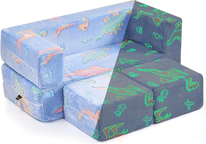 Kids Couch Sofa Modular Toddler Couch,Fold Out Kids Sofa, Blue Dinosaur