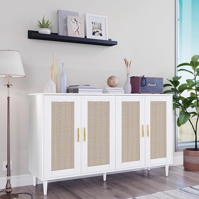 Buffet Sideboard,Kitchen Storage Cabinet with 4 Rattan Decorated Doors,Coffee Bar Cabinet with Adjustable Shelves for Living Room,Hallway,White