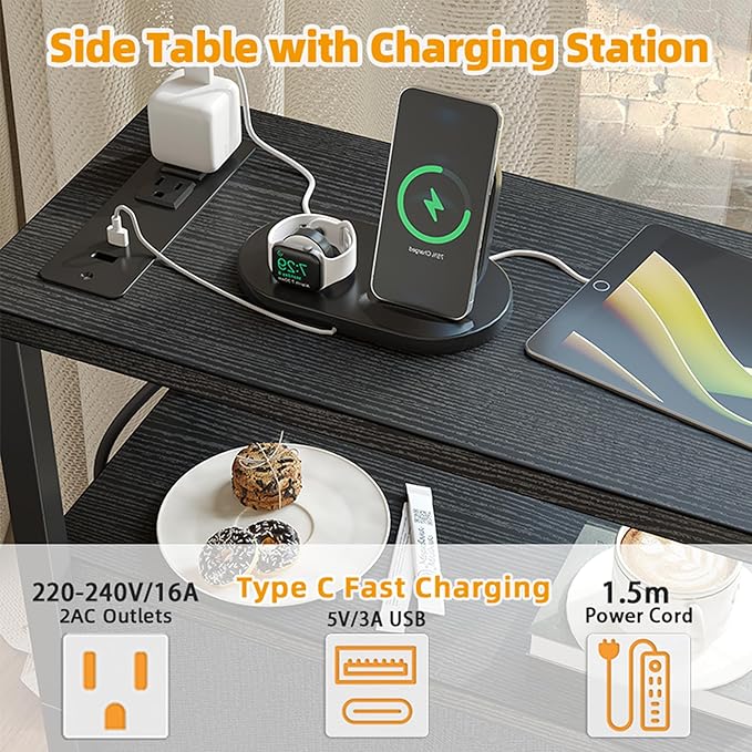 TIQLAB End Table with Charging Station, Narrow Side Table with 2 Fabric Drawers, Nightstand with LED Light, Slim Bedside Table for Bedroom, Living Room, Small Spaces, Black