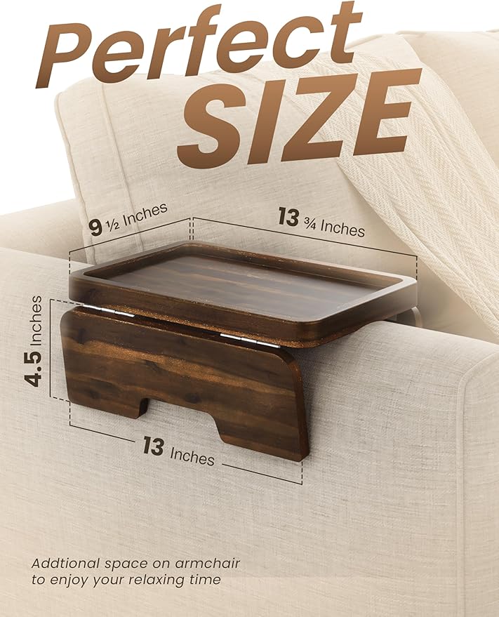 HOLANA Acacia Couch Armrest Table with 360° Rotating Phone Holder, Wooden Couch Tray – Sofa Side Table, Armchair Caddy for Home Sofa Living Room (Walnut, 13.75" D x 9.5" W x 2" H)