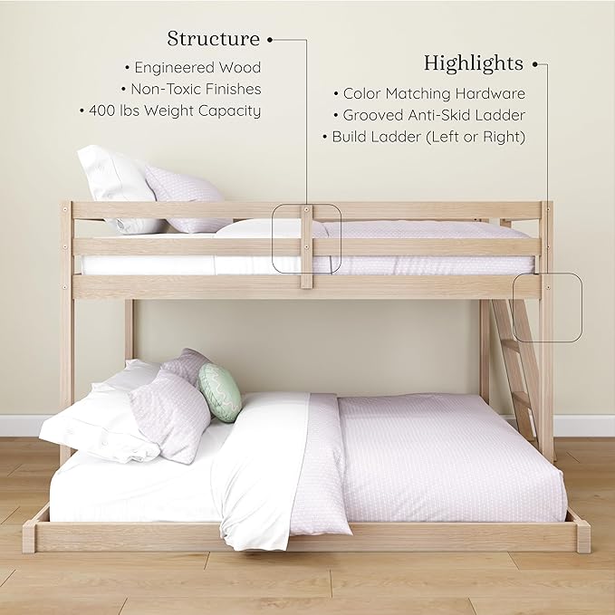 Grain & Grove Bear Twin Over Full Bunk Bed, Low Bunk Bed Frame for Kids, Bunk with Ladder, Guardrail and Slats, No Box Spring Required, Oak Embossed Natural