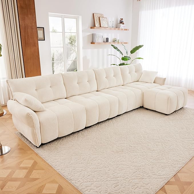 Modern Chenille Fabric 4-Seat Sofa w/Ottoman+2 Pillows, Premium Upholstery Living Room Couch with Tufted Backrest & Comfortable Armrests and High-Resilience Memory Foam Cushions,White