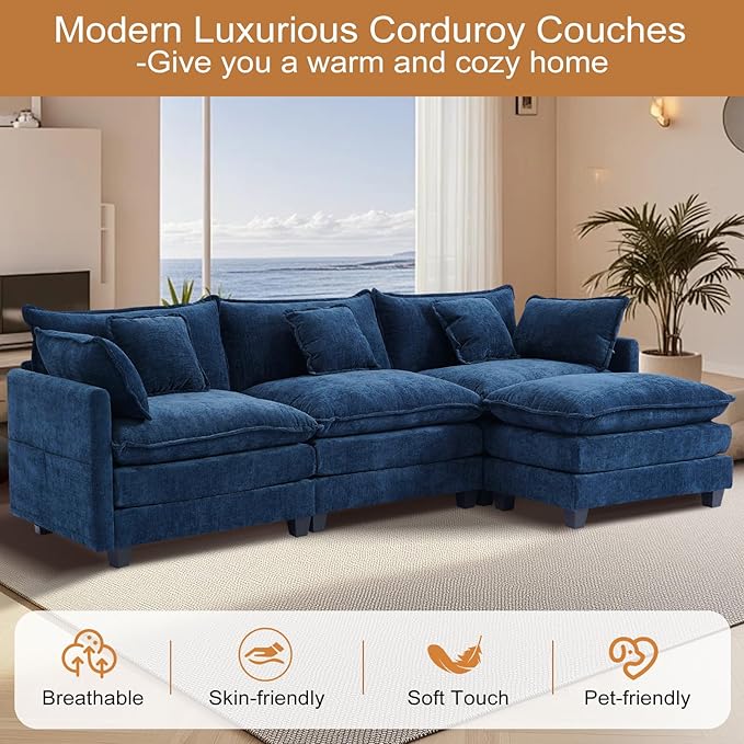 Furniliving 112‘’ L-Shaped Sofa, Luxury Chenille Modular Sectional Couches with Ottoman, Upholstered Deep Seat Sleeper Sofa with Memory Foam and Waist Pillows, Blue