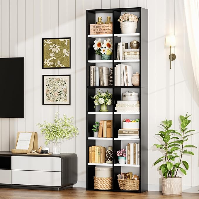 FOTOSOK 71'' Tall Bookshelf, Double Wide Media Tower Rack CD DVD Rack Display Cabinet with Adjustable Shelves, Tall Narrow Bookcase Bookshelf for Home Office, White/Black