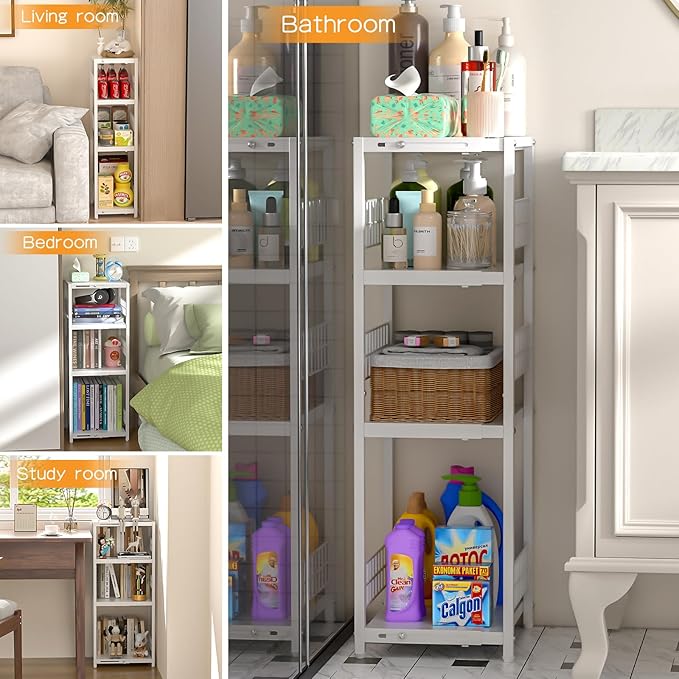 4 Tier Expandable Slim Storage Shelf, Metal Shelving Unit for Bathroom Storage Organizer, Freestanding Narrow Shelf for Small Spaces, Open Floor Shelves for Bathroom, Laundry Room, Kitchen,White