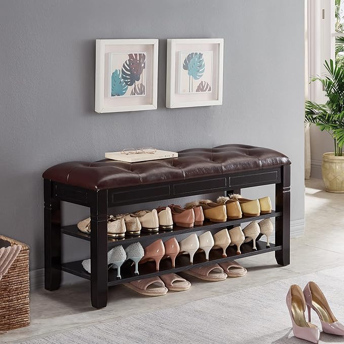Shoe Storage Bench, Entryway Shoe Rack with Fiberleather Seat 2-Tier Lift Top Organizer Wooden Shoe Bench for Entryway Hallway Living Room (Black 39.4x13.8x18.9'')