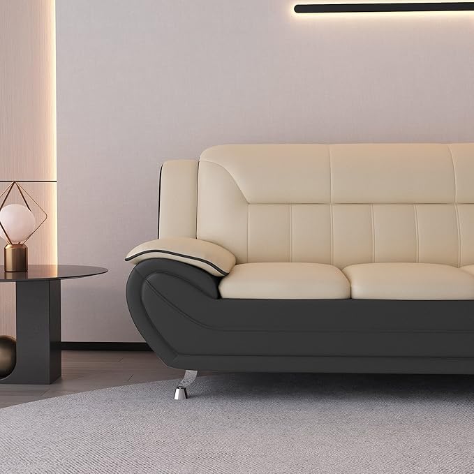 Container Furniture Direct Michael Modern Faux Leather Upholstered Stainless Steel Legs Living Room Sofa, Loveseat, Camel/Black