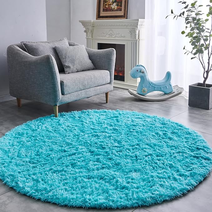 FJZFING Blue Round Rug Ultra-Soft Plush Modern 4x4 Circle Area Rug for Kid's Bedroom, Fluffy Shag Circular Rug for Nursery Room, Non-Slip Home Decor Cute Blue Carpet for Teen's Room